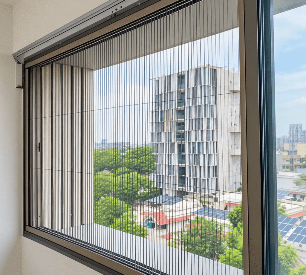 Pleated mosquito net for a window in Shilphata
